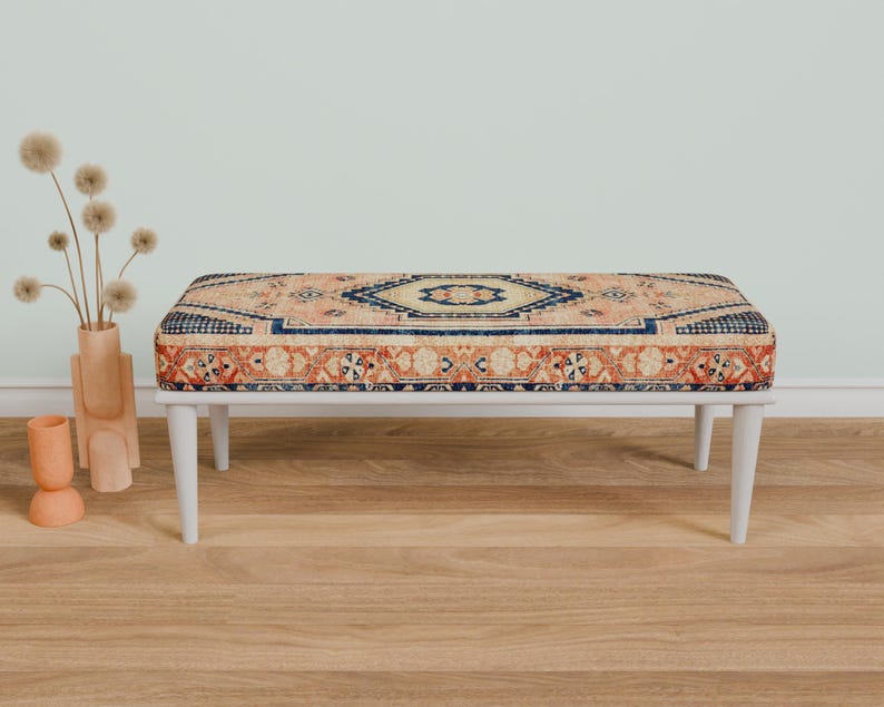 Retro-style upholstered blanket bench with vintage Turkish pattern, perfect for bedroom or dressing table use, versatile ottoman bench that can serve as a footstoolor chic coffee table accent.