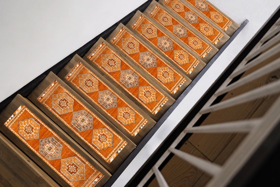Easy clean rug, Stair mat rug, Treads cover, Soft turkish rug, Orange rug, Stair protector, Portable rug, Oushak runner, Stair runner rug