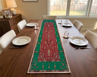 Green Red Floral Table Runner | Entryway Console Scarf | Scandinavian Dining Accent
