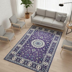 Pet friendly rug, Non slip area rug, Easy to clean rug, Purple rectangle rug, Farmhouse rug, Elegant rug, Indoor rug, Low pile rug, Soft rug