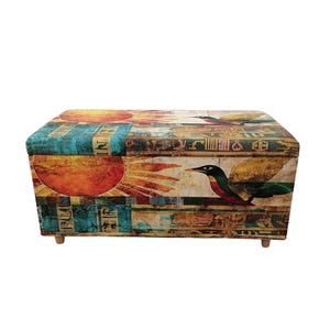 Boho upholstered ottoman bench with Egyptian art design, colorful storage chest with lid, perfect for storing blankets or accessories, entryway seating furniture.