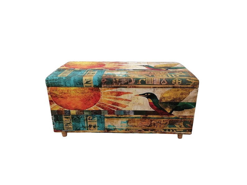 Boho upholstered ottoman bench with Egyptian art design, colorful storage chest with lid, perfect for storing blankets or accessories, entryway seating furniture.