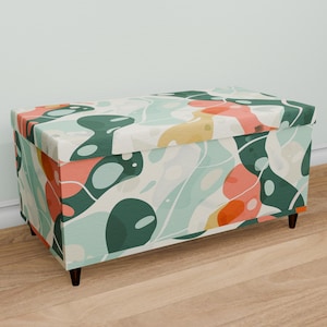Pastelkleurige bank, abstracte opberger, uniek designbank, duurzame kofferbakbank, speelgoedopbergbank, nachtkastje, Ottomaanse organizer, M-100