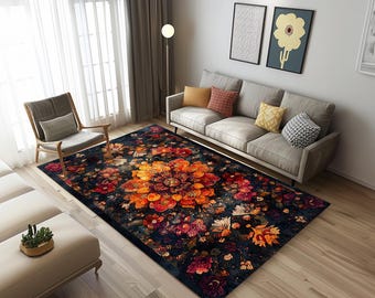 Navy Orange Botanical Area Mat | Home Office Floor Runner | Vintage Style Rug