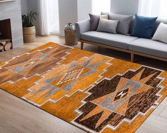 Orange herki rug, Turkish print rug, Soft rug, Cotton rug, Ikat rug, Washable rug, Primitive rug, Stair rug, Entry rug, Boho oushak rug