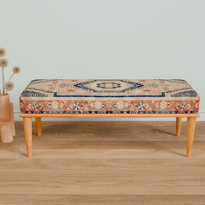 Retro-style upholstered blanket bench with vintage Turkish pattern, perfect for bedroom or dressing table use, versatile ottoman bench that can serve as a footstoolor chic coffee table accent.