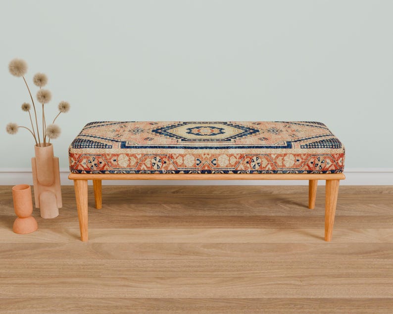 Retro-style upholstered blanket bench with vintage Turkish pattern, perfect for bedroom or dressing table use, versatile ottoman bench that can serve as a footstoolor chic coffee table accent.