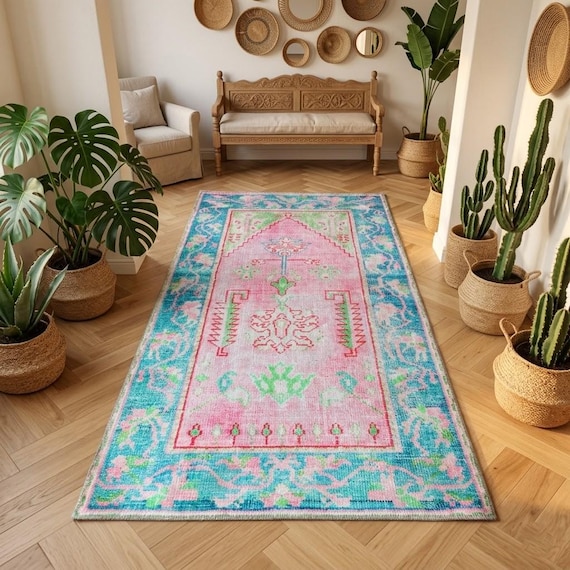 Textured Rug, Pink Blue Rug, Pretty Rug, Soft Colored Rug, Bath Mat, Print Rug, Floral Rug, Turkish Pattern Rug, Circle Rug, Decorative Rug