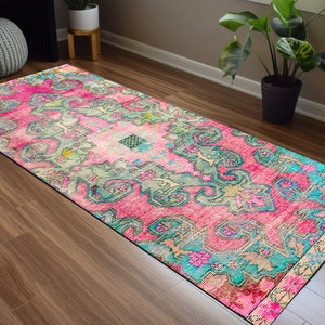 Pastel color rug, Pink green rug, Rug with flowers, Kitchen sink rug, Hallway rug, Salon rug, Coastal rug, Floor runner, Vintage pattern rug