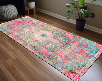 Pastel color rug, Pink green rug, Rug with flowers, Kitchen sink rug, Hallway rug, Salon rug, Coastal rug, Floor runner, Vintage pattern rug