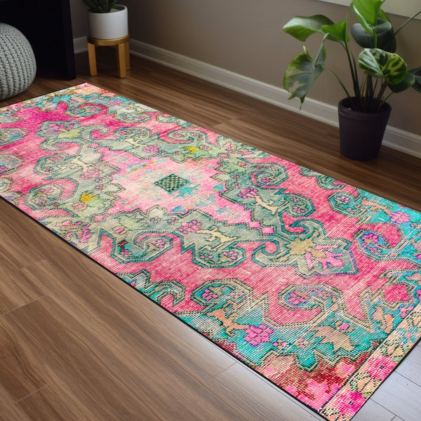 Pastel color rug, Pink green rug, Rug with flowers, Kitchen sink rug, Hallway rug, Salon rug, Coastal rug, Floor runner, Vintage pattern rug