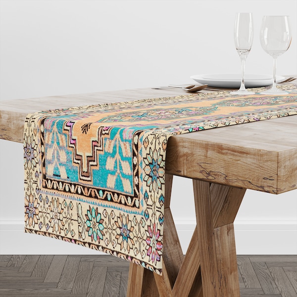 Turkish Table Dressing, Botanical Table Scarf, Kitchen Table Layer, Origanic Tablecloth, Decorative Dining Runner, Antique Kilim Look Runner