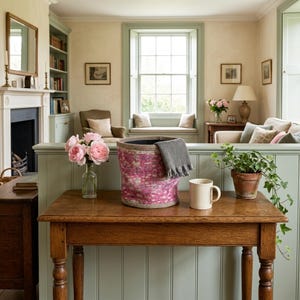 May include: A cylindrical storage basket featuring a vibrant pink and white patterned fabric exterior with a woven jute trim at the top and bottom edges, containing a folded grey textured cloth with a fringed edge, resting on a wooden table.