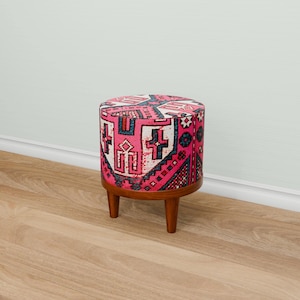 Vibrant pink bench, Doorway seating, Window front stool, Round french table, Ottoman organizer, Make up pouf, Vanity round seat, 280-02
