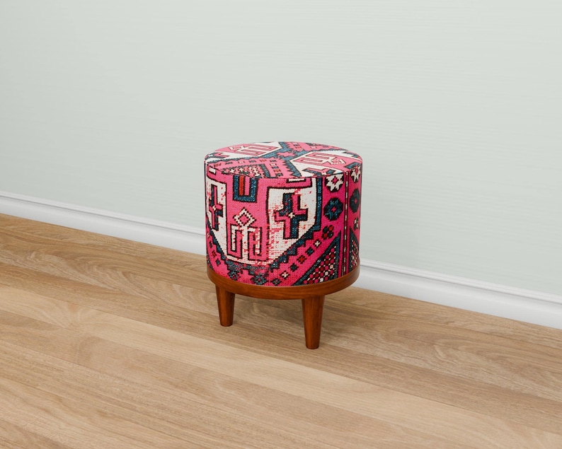 Vibrant pink bench, Doorway seating, Window front stool, Round french table, Ottoman organizer, Make up pouf, Vanity round seat, 280-02
