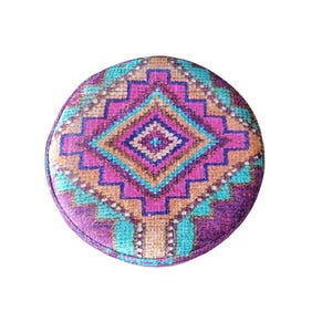 Colorful Boho Makeup Stool – Round Kilim Ottoman Pouf with Wood Legs – Handmade Footstool for Vanity or Living Room Decor, 142-01
