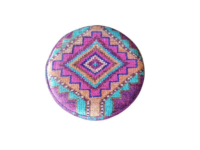 Colorful Boho Makeup Stool – Round Kilim Ottoman Pouf with Wood Legs – Handmade Footstool for Vanity or Living Room Decor, 142-01