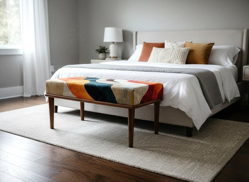 This hallway bench features a stylish upholstered design that works beautifully in kitchens, entryways, or modern farmhouse homes. Its boho-inspired look and sturdy structure provide an elegant extra seat, making it a versatile accent bench for both practical use and home decoration.