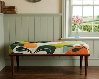 Mid Century Floral Ottoman Bench | Retro Green Orange Entry Seat | M-92