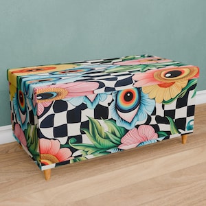Colorful bench, Checkers storage, Flower motif bench, Eye pattern bench, Heartwarming gift, Apartment bench, Stored bench, Cute bench, M-225