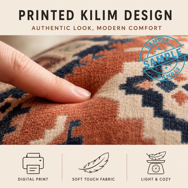 The image is a close-up of a printed kilim design, showcasing its texture and quality.