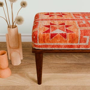Ottoman bench, Window bench, Bed bench, Bedroom bench, Upholstered bench, Decor bench, Farmhouse bench, Orange fabric bench, Wood bench, 04