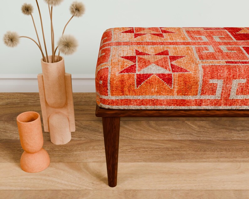 Ottoman bench, Window bench, Bed bench, Bedroom bench, Upholstered bench, Decor bench, Farmhouse bench, Orange fabric bench, Wood bench, 04