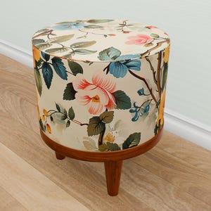 Botanical pouf, Pastel color bench, Premium art stool, Retro home decor, Round piano pouf, Ottoman tea table, Entryway shoe stool, M-80