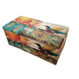 Boho upholstered ottoman bench with Egyptian art design, colorful storage chest with lid, perfect for storing blankets or accessories, entryway seating furniture.