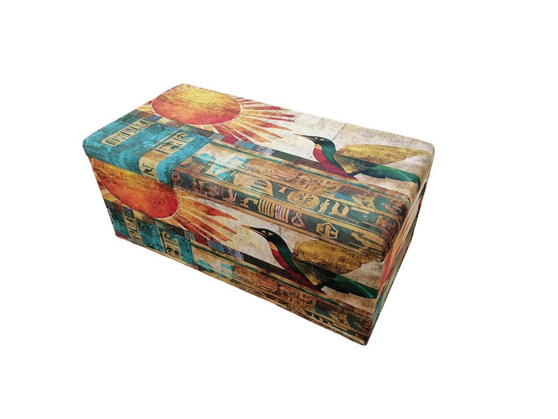 Boho upholstered ottoman bench with Egyptian art design, colorful storage chest with lid, perfect for storing blankets or accessories, entryway seating furniture.