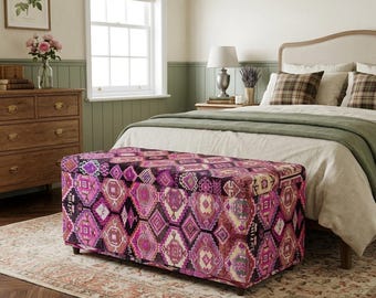 Ethnic design ottoman storage, Elegant ottoman bench, Vibrant color decorative bench, Functional bench, Dressing organizer bench, 107-02