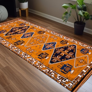 Pictorial rug, Orange blue rug, Ethnic rug, Herki turkish rug, Vintage art prints, Hallway rug, Bedroom rug, Textured rug, Housewarming rug