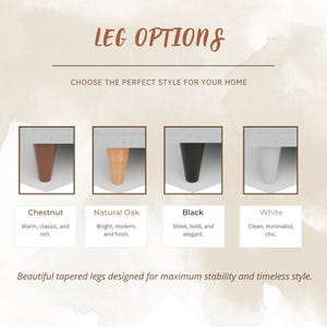 four different types of leg options, each with a unique color and design, designed to suit various styles and preferences for home decor.