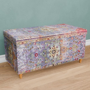 Ottomaanse opberger, paarse organizer, bank voor salon, opbergbank voor deken, mooie designkoffer, tijdloos interieur, leuke meubels, 108-02