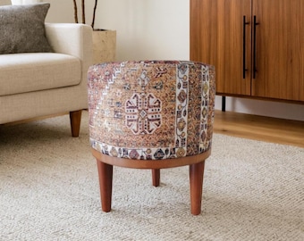 Rustic Kilim Ottoman Pouf – Round Handmade Footstool with Wood Legs – Boho Vanity Stool or Accent Seat for Living Room, 169-02