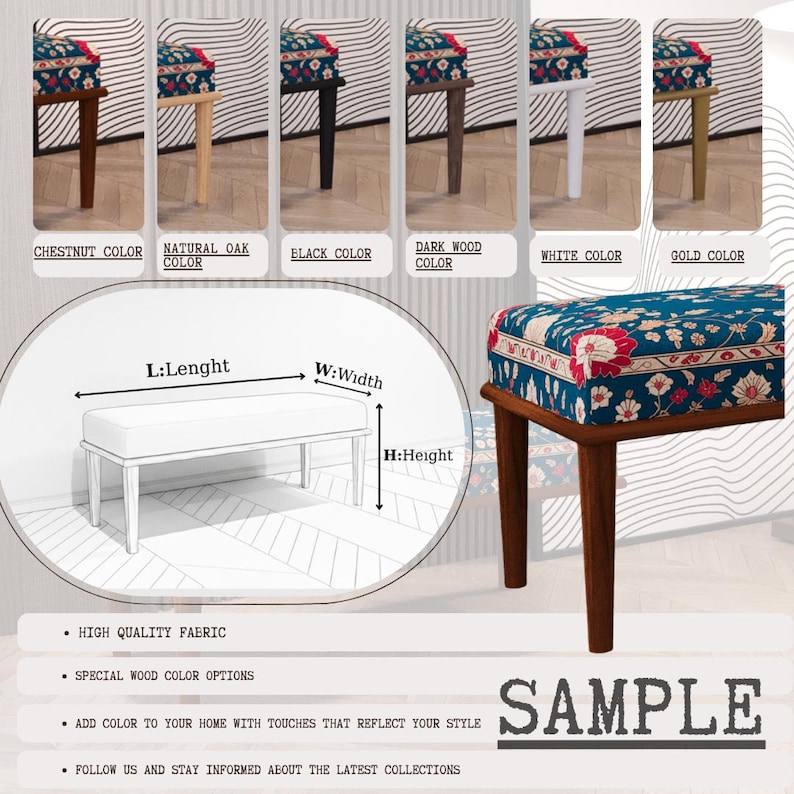 The image is a collage of various furniture pieces, including a bench, a chair, and a table, showcasing different color options and styles.