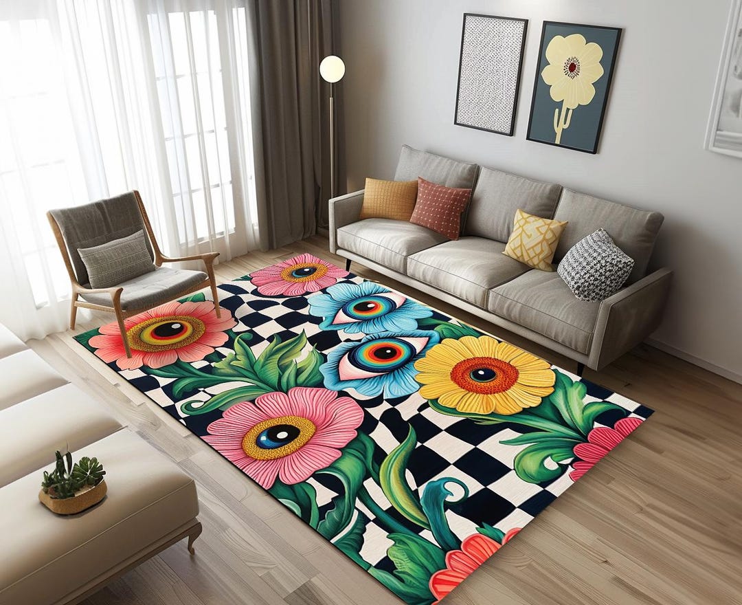 Colorful Rug, Checkers Pattern Rug, Rug With Eyes, Under Table Rug, TV ...