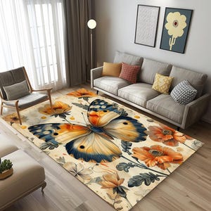 Butterfly print rug, Floral rug, Foldable rug, Comfort rug, High quality rug, Mother&#39;s day gift, Machine washable rug, Synthetic back rug