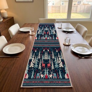 Blue Nordic Forest Table Runner | Hallway Sideboard | White Deer Console Cover