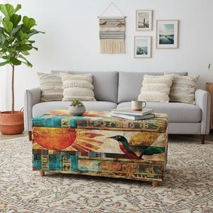 Boho upholstered ottoman bench with Egyptian art design, colorful storage chest with lid, perfect for storing blankets or accessories, entryway seating furniture.