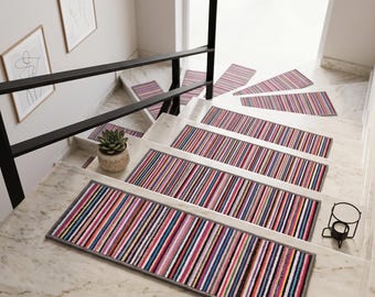 Colorful Striped Rag Print Stair Tread | Washable Anti Slip Step Cover | Vibrant Eclectic Entryway Mat