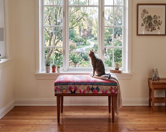 Pink Kilim Ottoman Bench | Boho Entryway Seating | Eclectic Bedroom Foot Stool