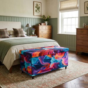 a bedroom with a large bed, a colorful storage box, and a wooden dresser. The room has a neutral color scheme with a green wall and a patterned rug on the floor.