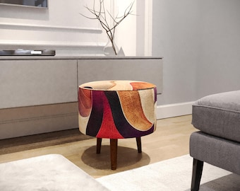 Elegant print stool, Brown shades pouf, Modern saloon decor, Utility furniture, Wood work chair, Round coffee table, Ottoman footrest, M-133