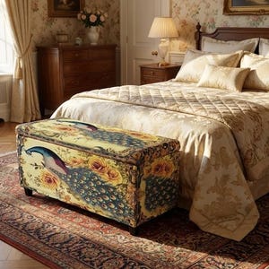 Peacock Print Storage Ottoman Bench – Vintage Shabby Chic Upholstered Trunk with Lid – Romantic Bedroom or Entryway Organizer Seat, M-229