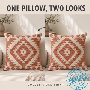 two pillows with a diamond pattern in shades of orange and beige. The pillows are displayed side by side, with a focus on the differences between the two.