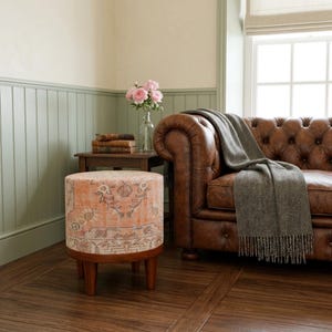 Faded Orange Vintage Style Pouf Stool | Distressed Boho Makeup Seat | 305-01