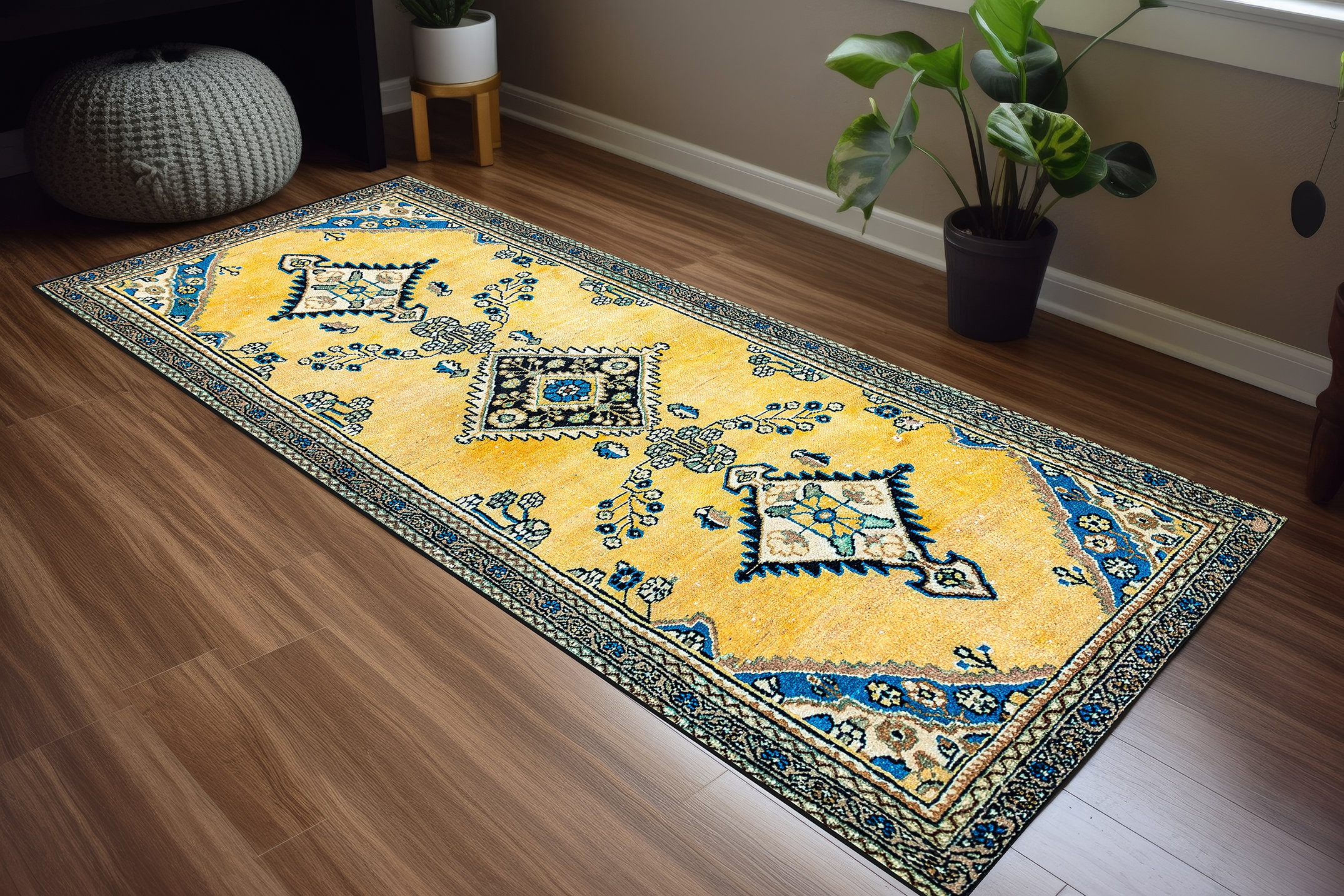 Oriental Rug, Rug With Blue, Hippie Rug, Yellow Rug, Boho Rug