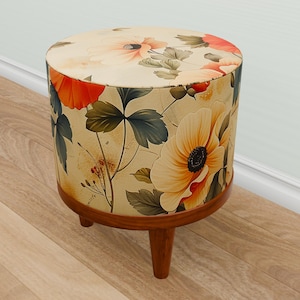 Farmhouse stool, Rustic hall bench, Floral pouf stool, Small wooden pouf, Dressing chair, Nomadic footstool, Ottoman organizer, M-81