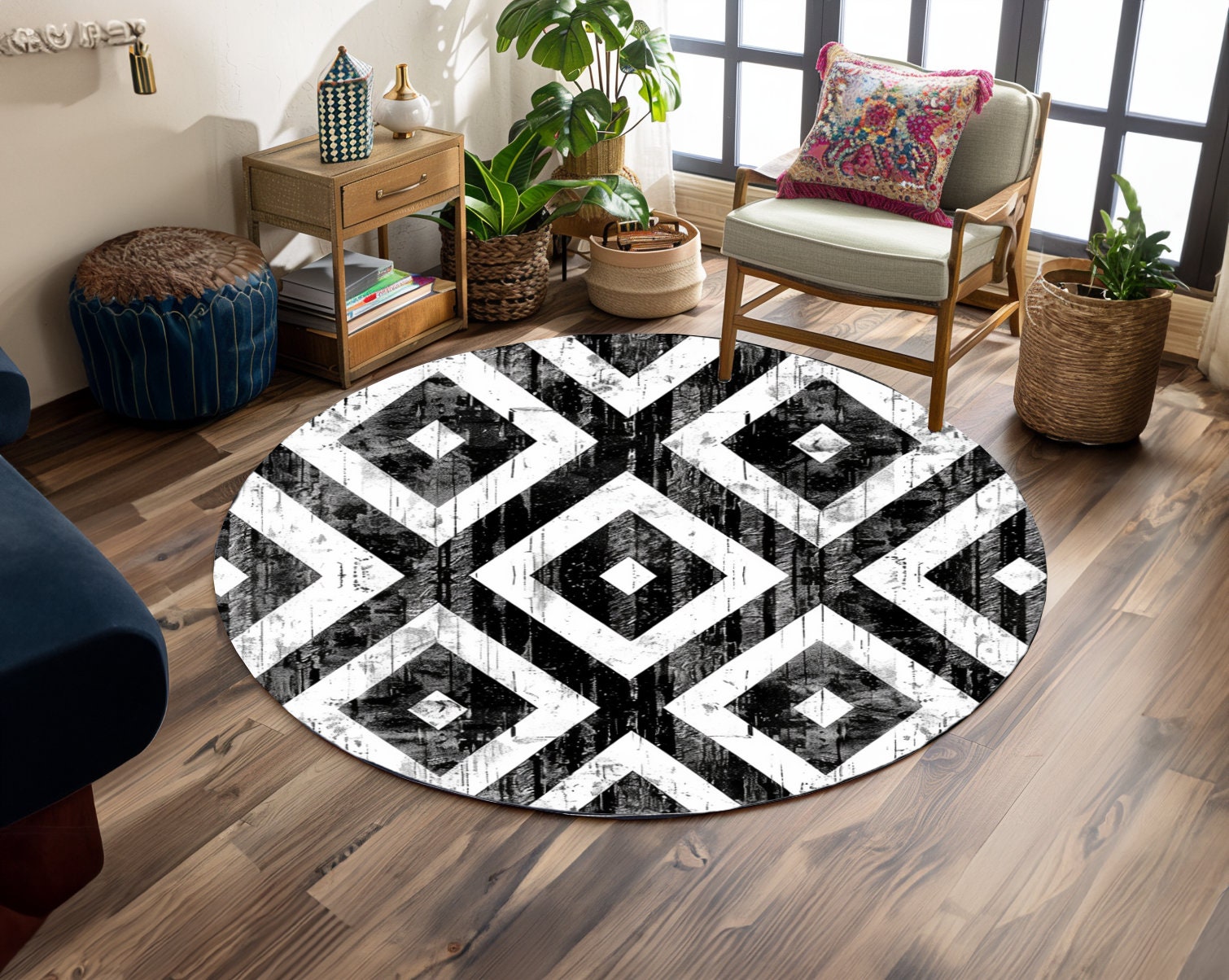 Round Checkers Rug, Black & White Rug, Modern Area Rug, Diamond Print ...